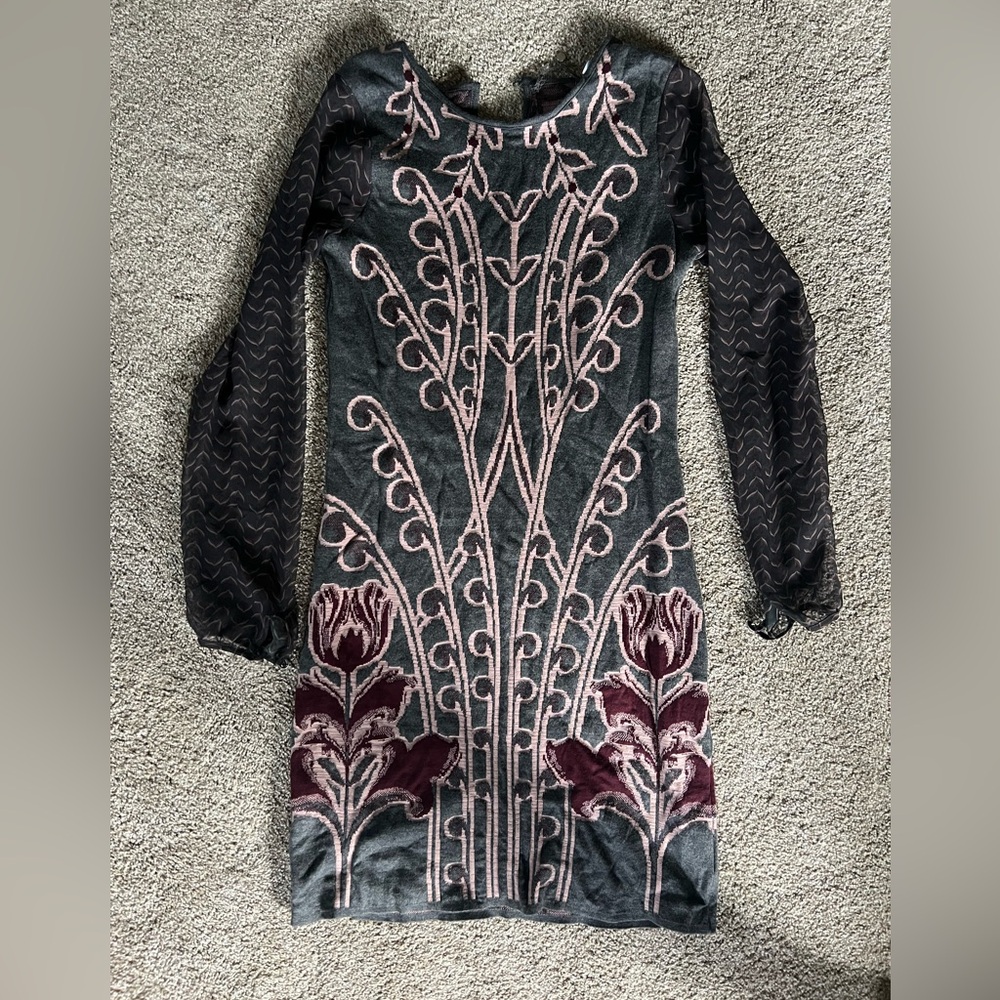 Anthropologie Black Dress with Pink and Burgundy Floral Embroidery